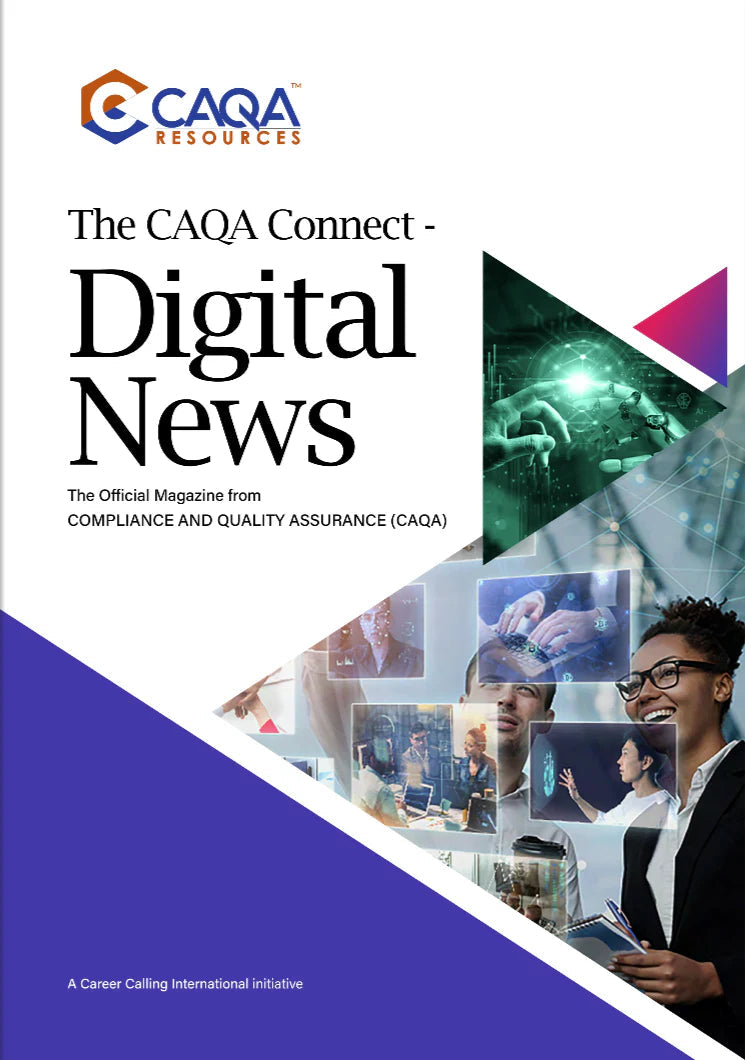 The CAQA Connect digital magazine cover promotes compliance and quality assurance resources for business professionals.