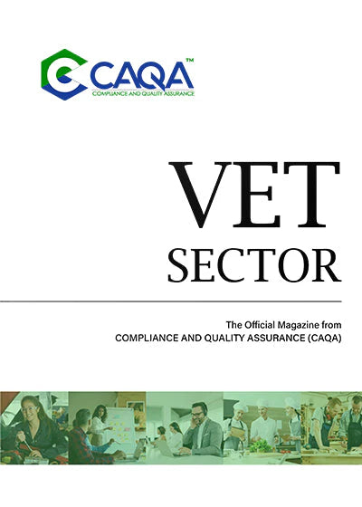 The Vet Sector magazine cover highlights CAQA's focus on rto compliance and quality assurance in vocational education.